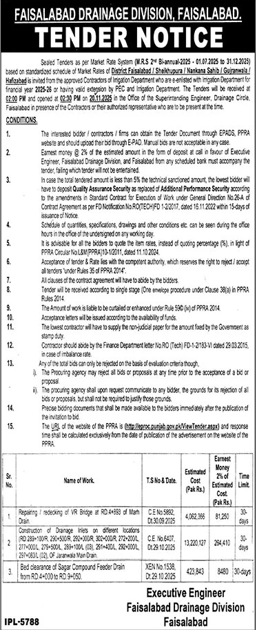 Faisalabad Drainage Division Tender Notice